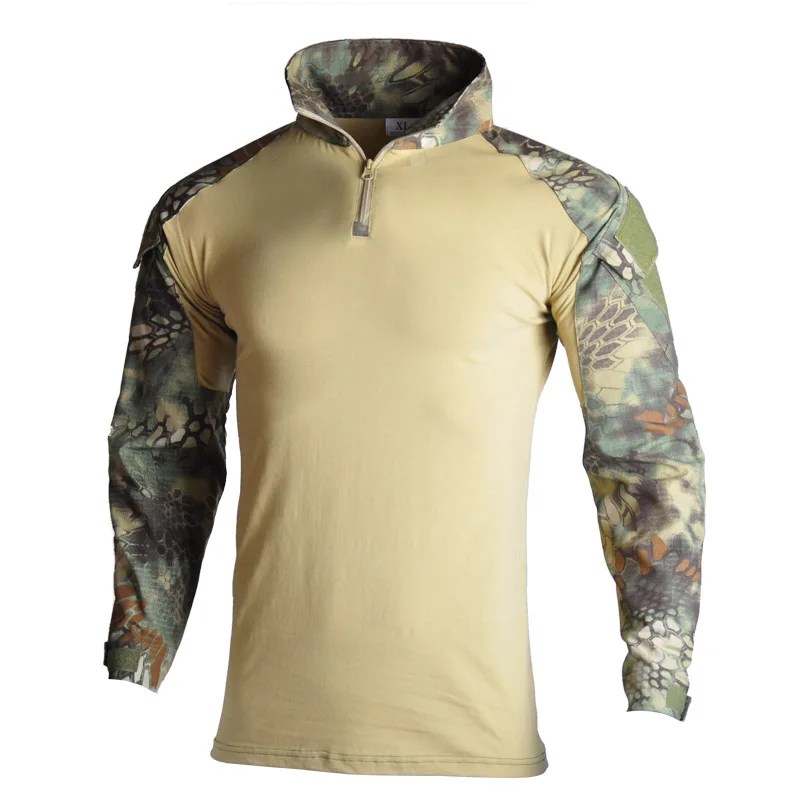 Military Army T-Shirt Men Long Sleeve Camouflage Tactical Shirt Hunt Combat Multicam Camo T Shirt with Elbow Pads