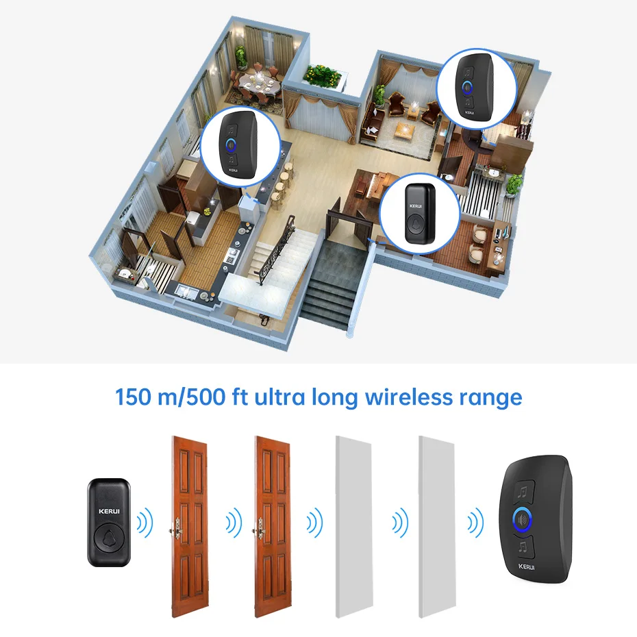 Imagem -04 - Kerui Campainha sem Fio para Exterior M525 à Prova Impermeável Água Campainha da Porta Kit Casa Inteligente Led Flash Alarme de Segurança Melodias Bem-vindas