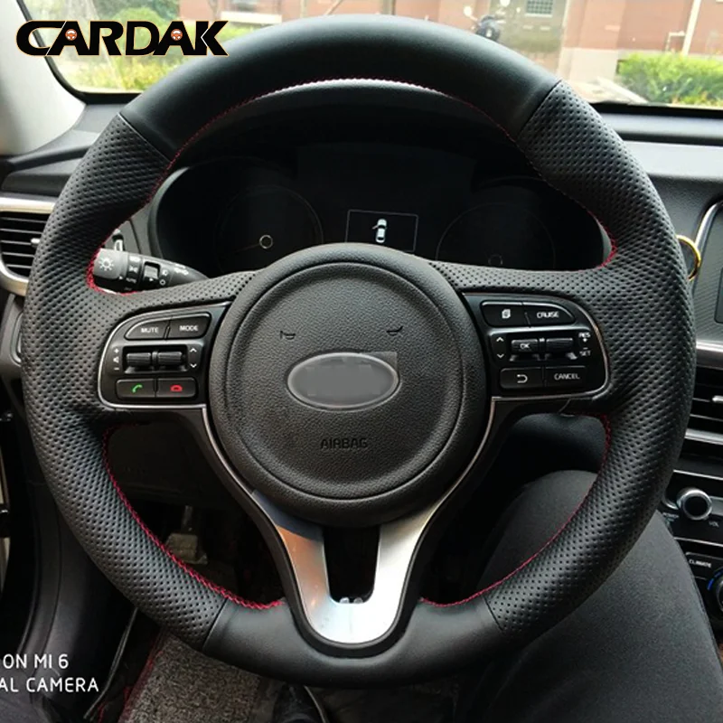 CARDAK DIY Name Hand-stitched Black Artificial Leather Steering Wheel Cover for Kia K5 2016 Sportage 4 KX5 2016