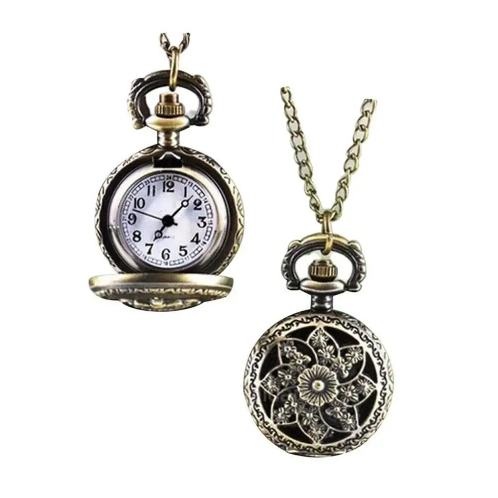 Pocket Watch Retro Vintage Steampunk Quartz Necklace Hollow Carving Pendant Chain Clock Windmill Bronze Quartz Pocket Watch