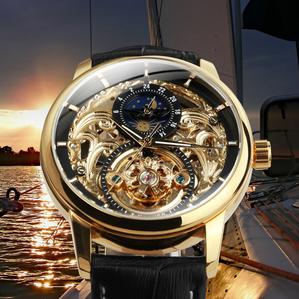 WINNER Classic Retro Automatic Mechanical Watches Luxury Tourbillon Skeleton Mens Watch Moon Phase Genuine Leather Strap Clock