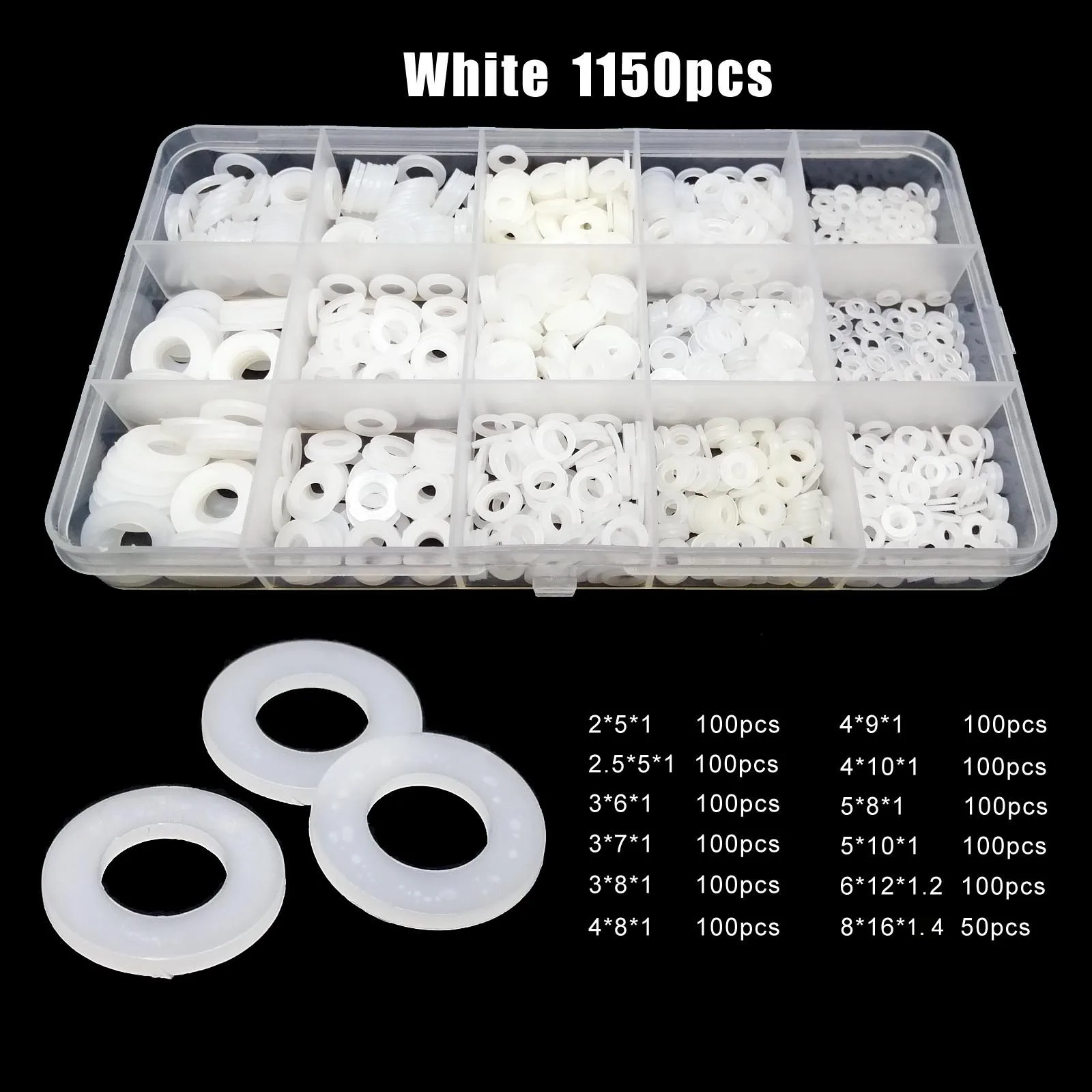 475/1150pcs M2 M2.5 M3 M4 M5 M6 M8 White Black Plastic Nylon Flat Washer Plain Spacer Insulation Gasket Ring Assortment Kit Box