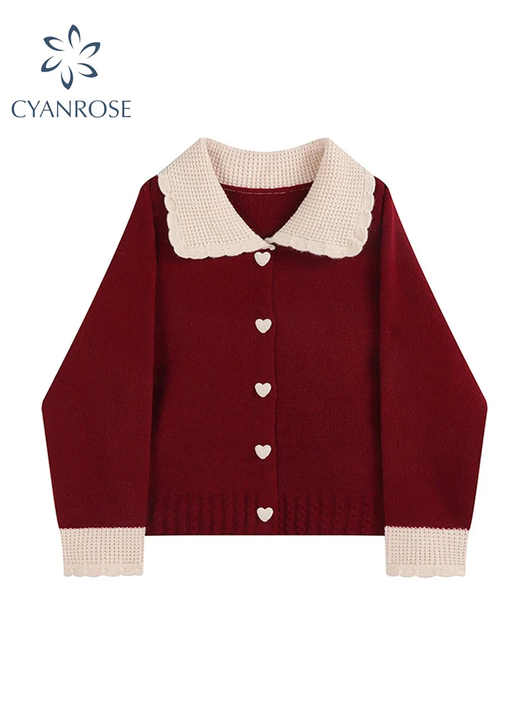 Primavera nuevo cárdigan rojo suéteres para mujer suelto cuello Peter Pan elegante coreano de un solo pecho cárdigans de punto para mujer abrigo Top