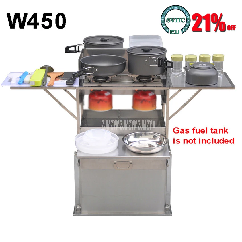 2-3 Person Outdoor Mobile Kitchen 304 Stainless Steel Foldable Cooking Desk Hiking Camping Gas Cooker Stove + Windshield W450