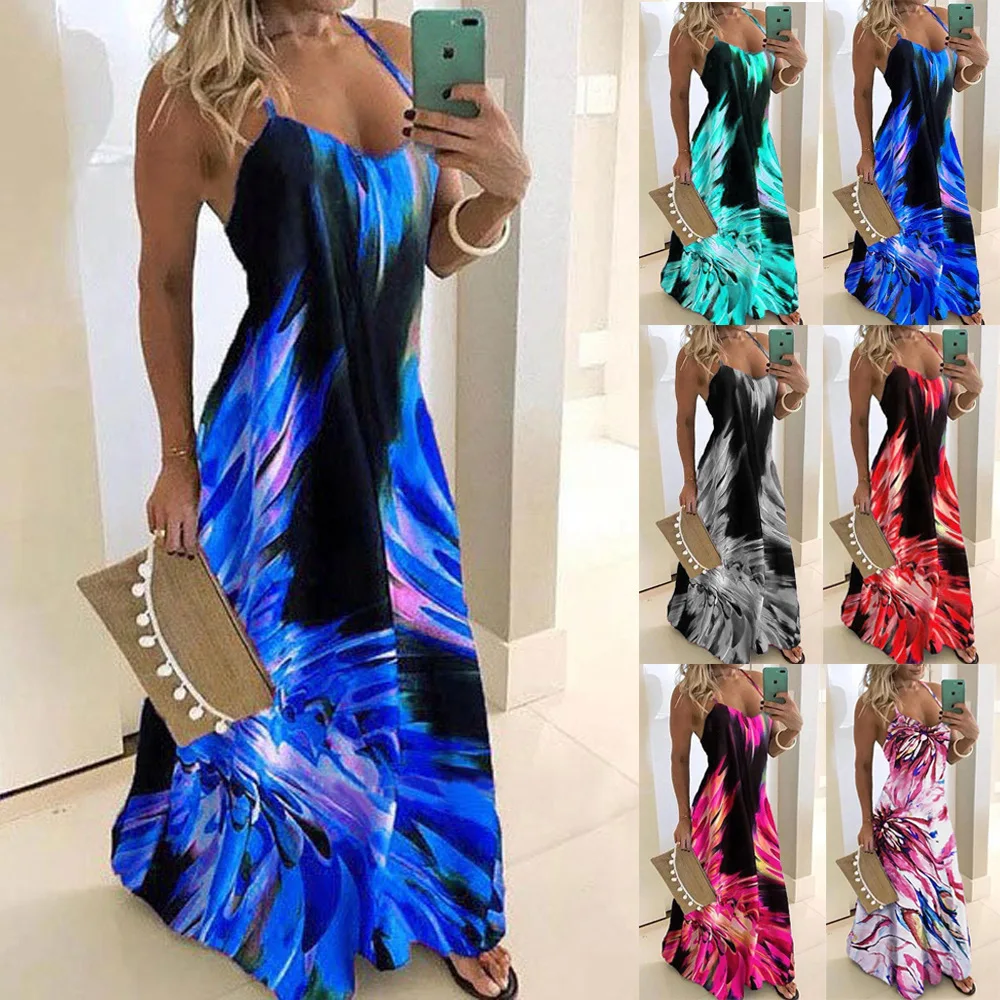 

Printed fashion sexy halter strap mid-length dress sleeveless slim slimming skirt flame series positioning printed strappy skirt