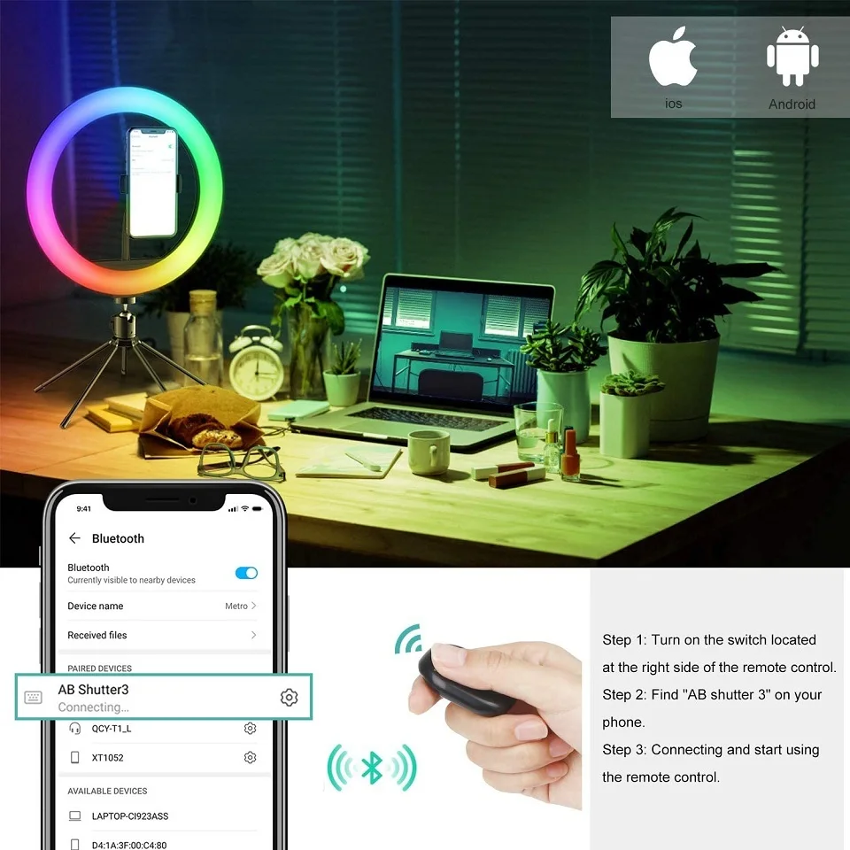 10in RGB Selfie Ring Light Tripod Phone Stand Holder Photography RingLight Circle Fill Light Led Color Lamp Trepied Makeup