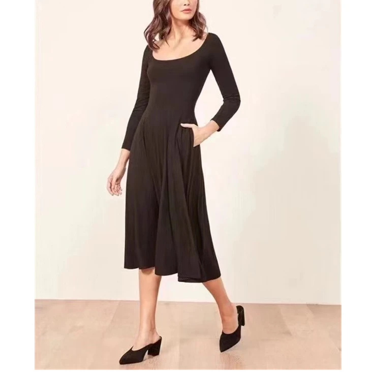 

2021 Mid-length Skirt Temperament Commuter High-waisted U-neck Long-sleeved Modal Solid Color Black Dress