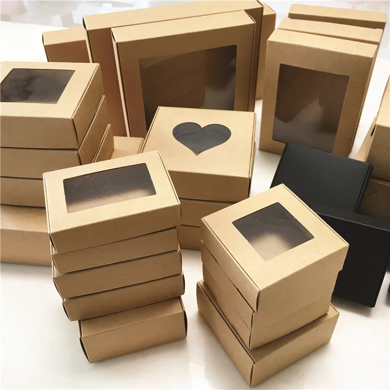 50pcs Paper Wedding Favor Gift Box Kraft Paper Cookies Candy PVC Windows Boxes Birthday Party Supply Accessories Packaging Box