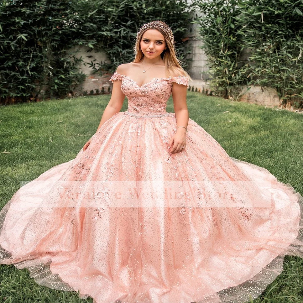 Vestido De princesa brillante De quinceañera, lentejuelas rosas con apliques, 16 Vestidos De desfile XV, 15 y 16 Años, 2022