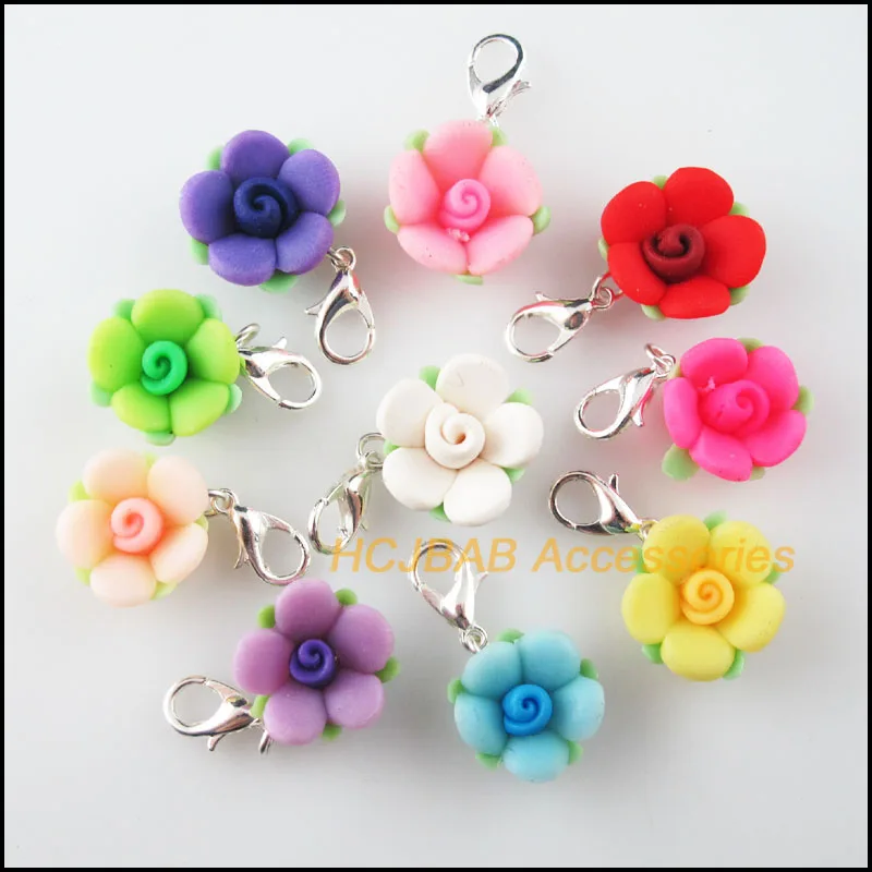 10Pcs Mixed Fimo Polymer Clay Star Flower Charms Silver Plated With Clasps 15mm