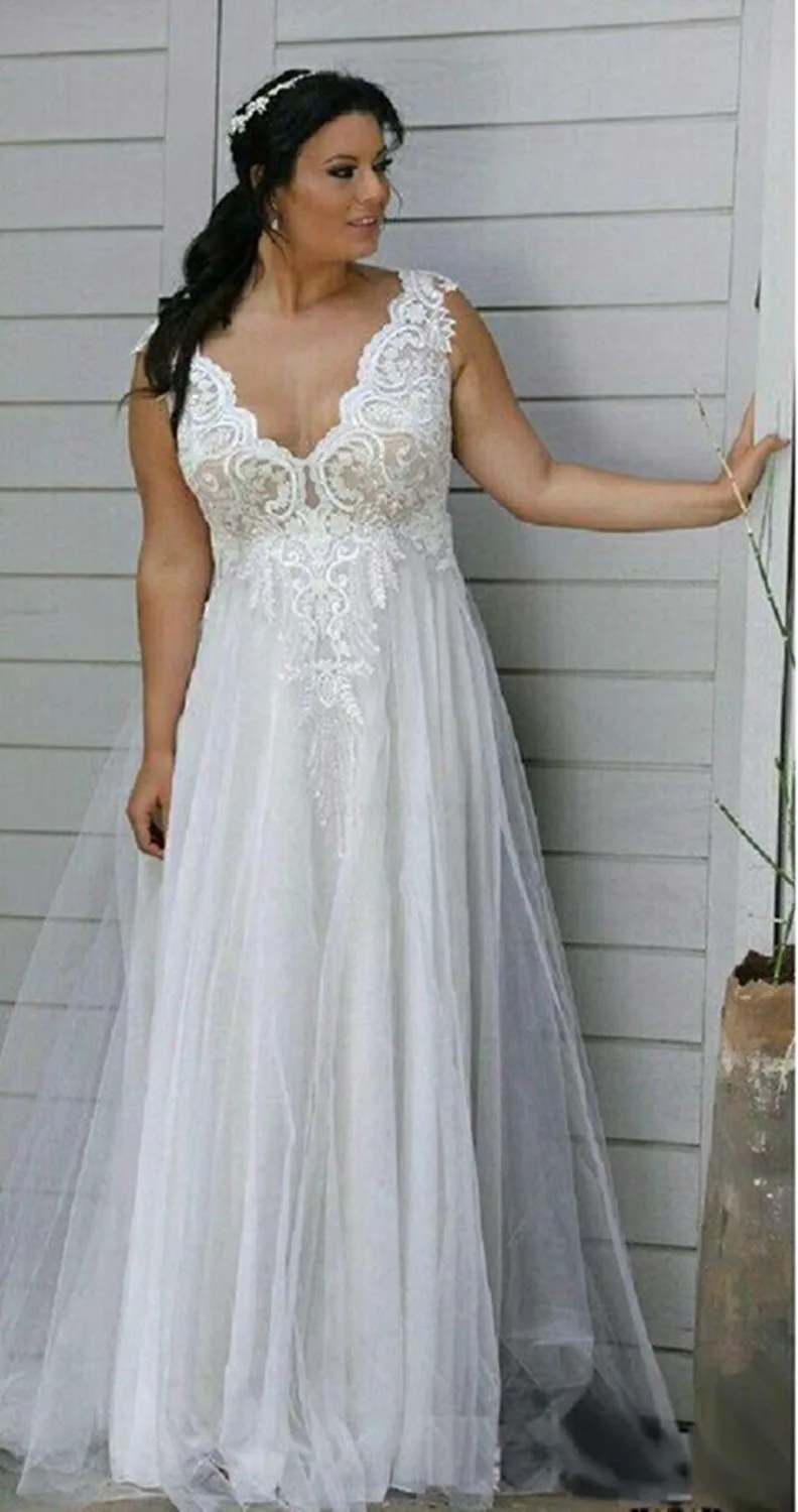 Vestido de novia de talla grande con cuello de pico, ropa de boda Bohemia Vintage de encaje, 2019