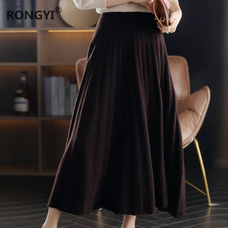 Imagem -04 - Rongyi 100 lã Saia Feminina Outono High End Selvagem Plissado Moda Engrossar Elegante Inverno Longo Cashmere Malha Saia Elástica Cintura