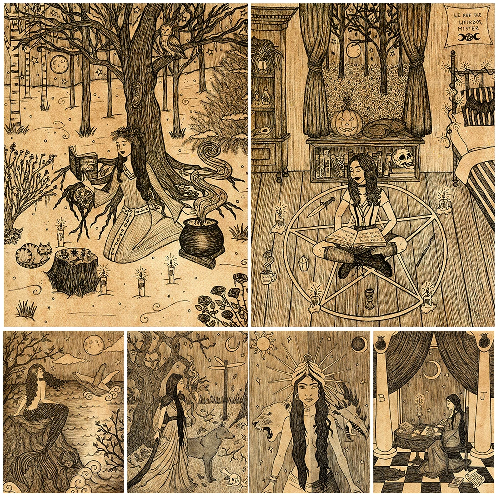 

Winter Goddess Witchcraft Magic Moon Night Art Print Wicca Victorian Witch Cat Owl Moon Pagan Poster And Prints Canvas Painting