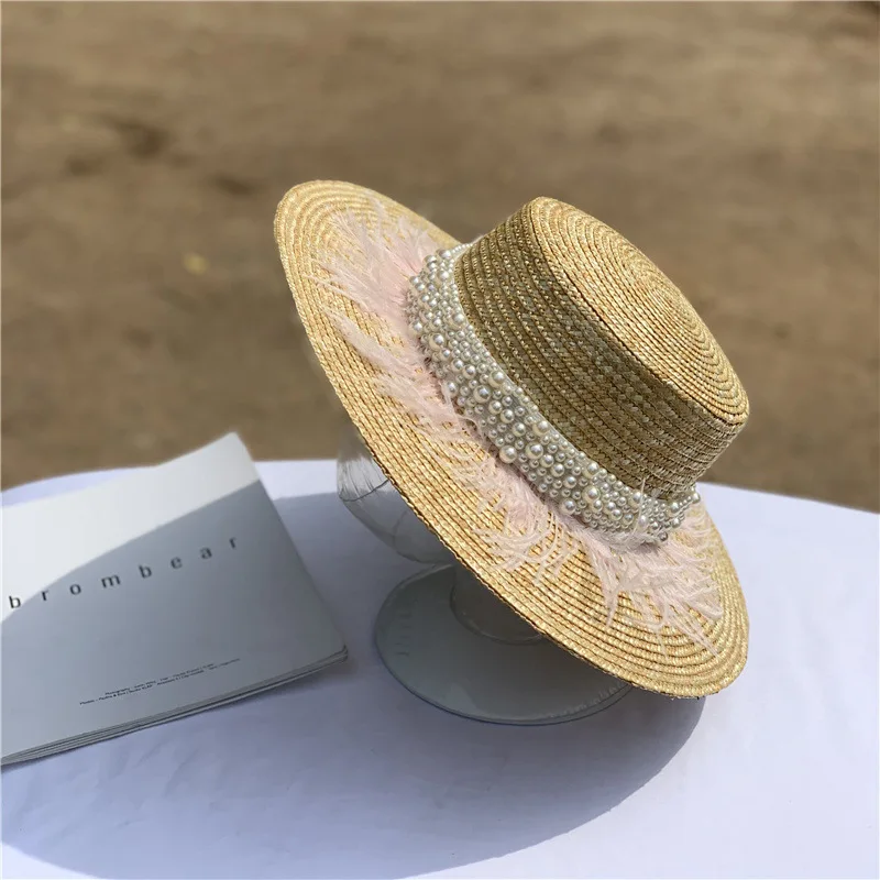 Wide Brim Straw Hat Leather Pearl Decoration Flat Top Summer Hat for Women Fashion Beach Hat Jazz Panama Hat Kentucky Derby Hat