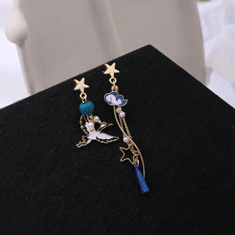 Chinese Style Folding Fan Crane Carp Lotus Asymmetrical Long Tassel Dangle National Style Earrings for Women Jewelry Gift