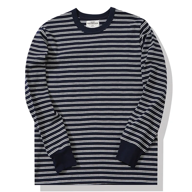 Ok0202 280G Men T-Shirt Cotton Heavy Weight Classic Fashion Simple Blue Pinstripe Long Sleeve Round Neck Color Match Thick Tee