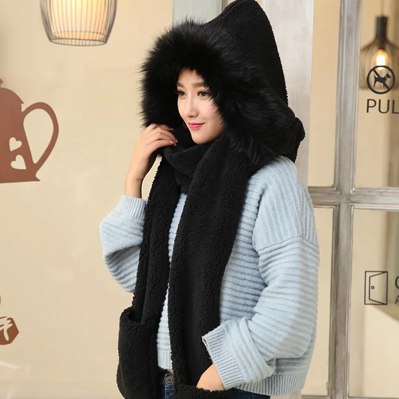 3 In 1 Women Winter Warm Soft Thickening Hood Scarf Snood Pocket Hats Gloves Fashion Hooded Srarves Scarf Hat Glove 3 Piece Sets