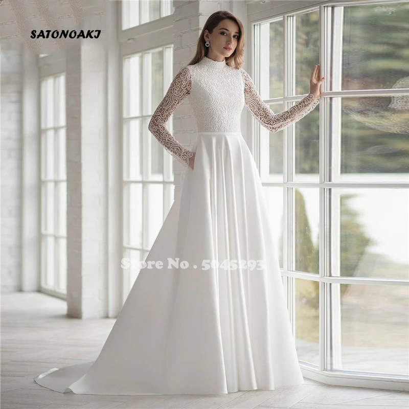 

Muslim Satin Wedding Dresses with Pockets Long Sleeve High Neck Zipper Back Lace Simple Bridal Gown Robe Mariee Vestido De Novia