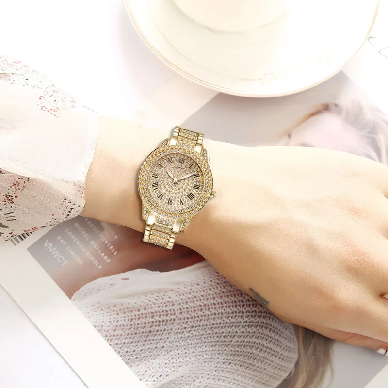 Women Watch Gold Steel Strap Rhinestone Alloy Watch Newest Ladies Starry Quartz Wristwatch Bracelet Women Gift Clock