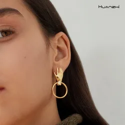 HUANZHI Korea Fashion Unique Gold Color Vintage Metal Small Hand  Palm Geometric  Drop Earrings for Women Girls Party Jewelry