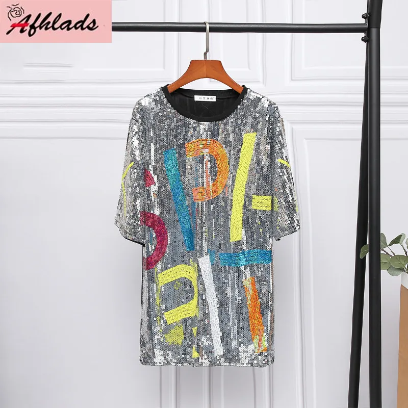 

2023 New Sequins Female Nightclub Female Hip-Hop Sequin Streetwear Clothing Short-Sleeved Round Neck Fashion Loose T-Shirt