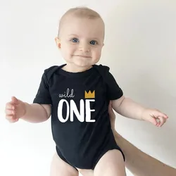 Wild One Summer Baby Bodysuits Short Sleeve Happy Birthday Kids Jumpsuits Short Sleeve Black Infant Outfits Romper Top