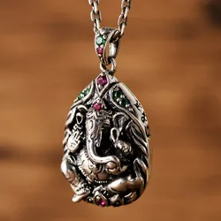 BOCAI New s925 silver retro ethnic style auspicious Buddha Thai silver lotus elephant trunk Buddha pendant for man  and woman