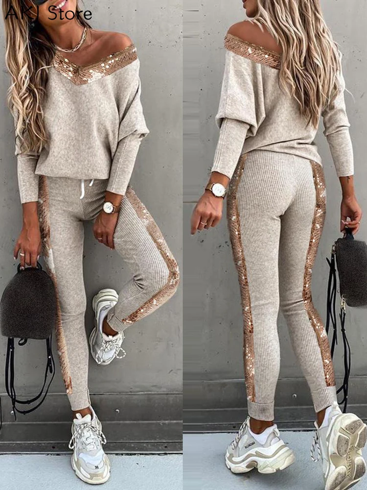 Women Fashion Sequins Patchwork Long Sleeve Top & High Waist Pants Sets