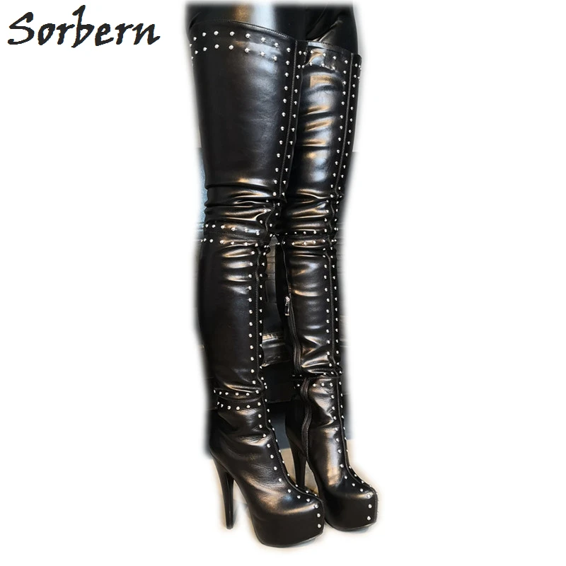 

Sorbern Blue Patent Over The Knee Women Boots Platform High Heels Rivets Side Zipper Custom Leg Width Mid Thigh High Booty New