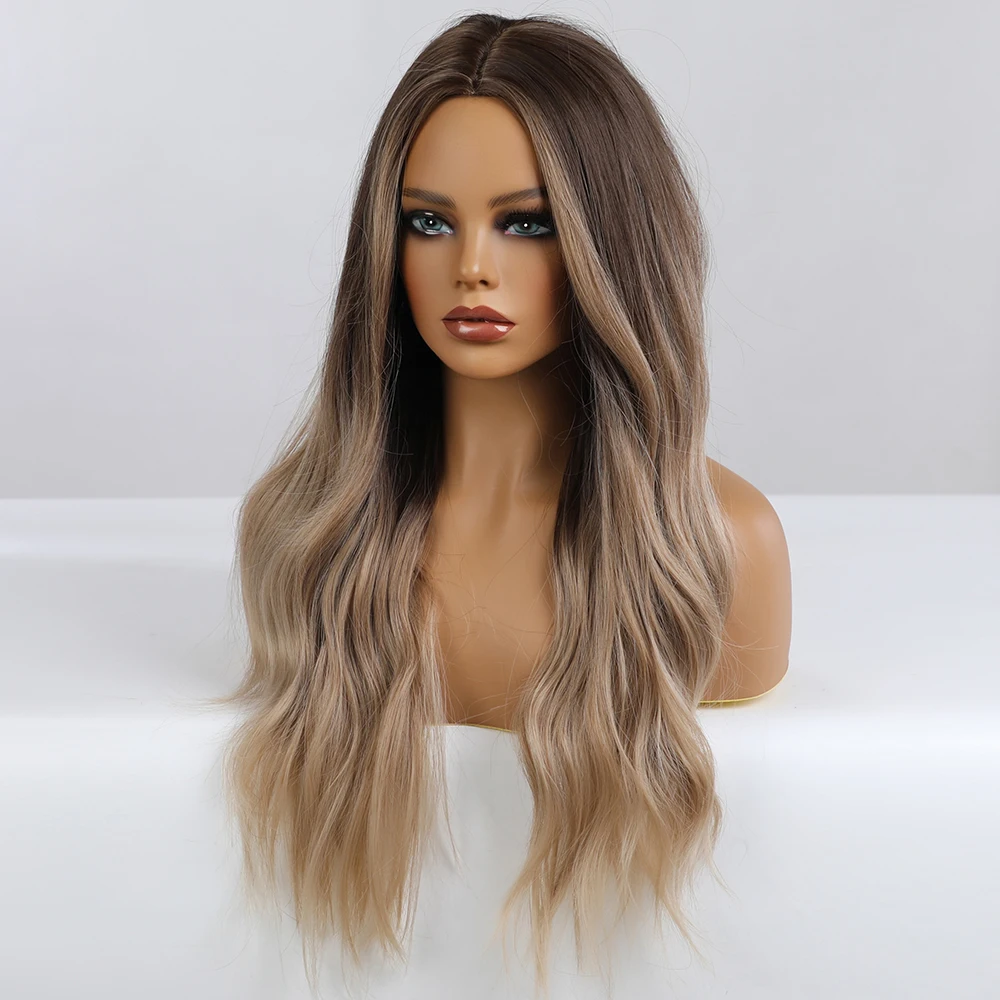 Element Long Water Wave Women Wigs Middle Part Ombre Black Brown Blonde Ash Highlight Synthetic Hair Wig Heat Resistant Hair