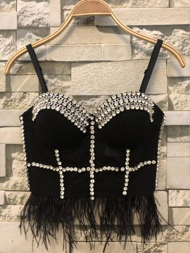 Ballroom Costume Stage Party Bar 2020 Crystal Water Drill Chain Nail Bead Feather Tassel Bustier Crop Top Corset Bralette p1385