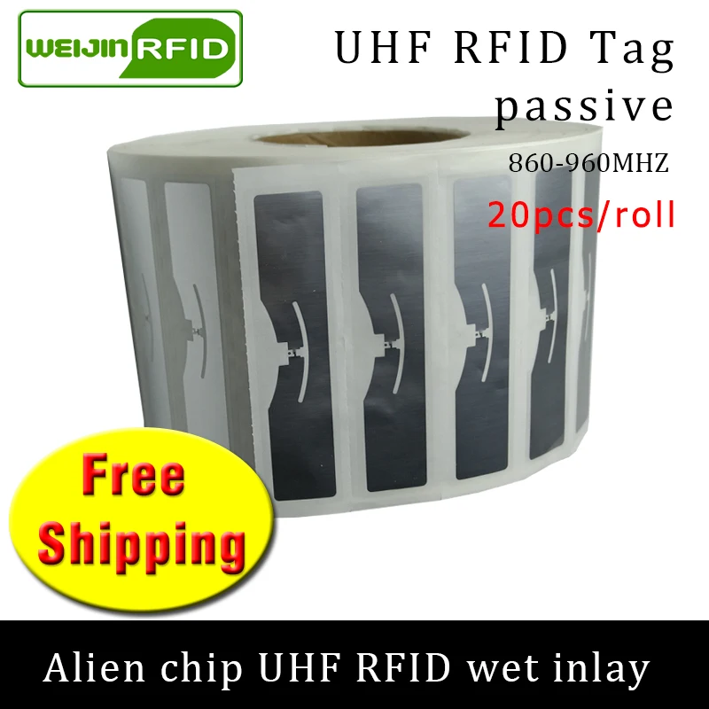 UHF RFID-метка, наклейка Alien 9654/9954, влажная вставка 915m868 860-960 МГц Higgs9 6C, 20 шт., бесплатная доставка, самоклеящаяся пассивная RFID-этикетка