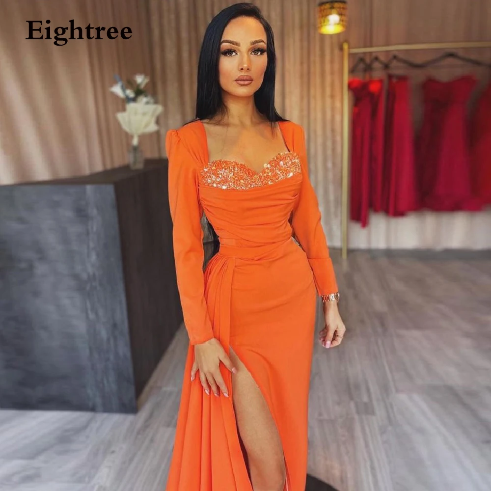 

Eightree Orange Shiny Sequines High Side Slit Evening Dress A-line Long Sleeves Sweetheart Formal Night Dresses Party Gowns