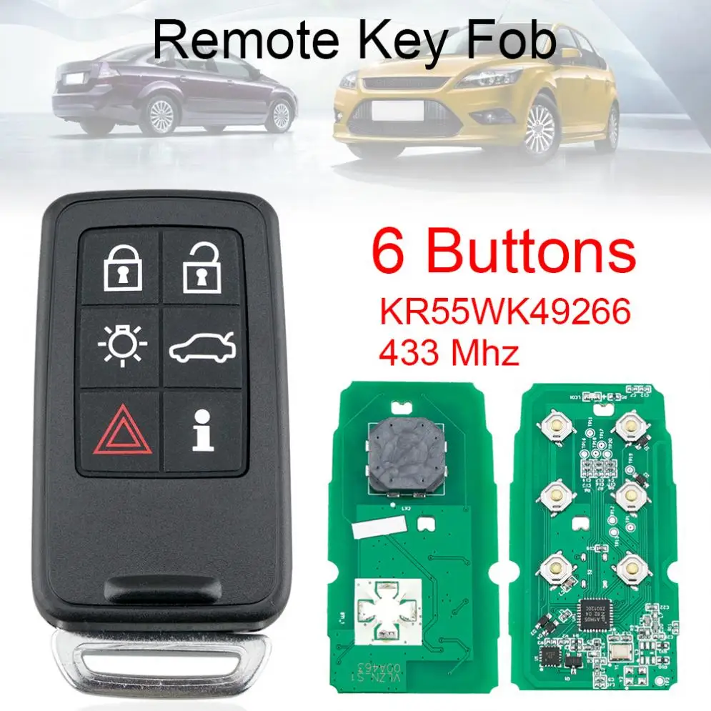 6 Buttons 433MHz Full Smart Remote Key Fob with ID46 /7953 Chip and  Insert Key Blade KR55WK49266  Fit for Volvo Smart Key Prox