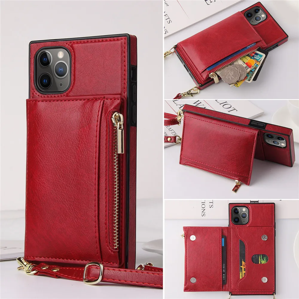 Zipper Leather Crossbody Case For iPhone 17 16 15 14 13 11 Pro MAX XS XR X 7 Plus 12 Cover With Long Strap Card Holders Wallet
