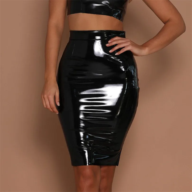 LJCUIYAO Shiny Skirts For Women Black PU Leather Bodycon Long Pencil Skinny High Waist Office Lady Clubwear Zipper Knee Length