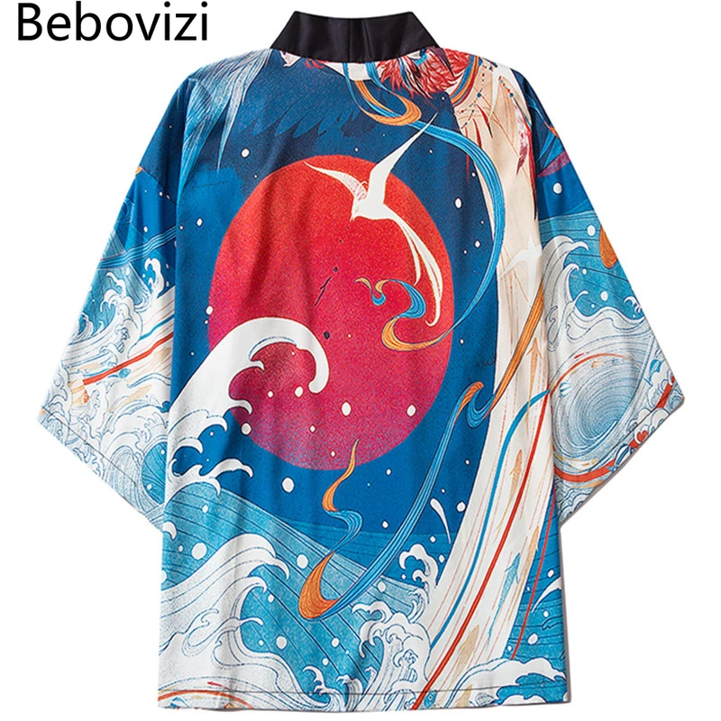 Bebovizi 2021 تصميم جديد أنيمي الرجال الأزرق سترة النساء Haori Obi اليابانية تأثيري تقليد Kimonos الصيف يوكاتا الملابس