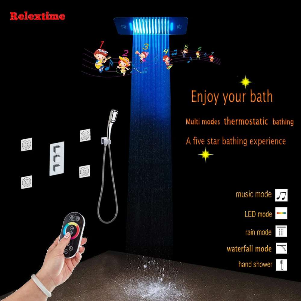 Bluetooth Connection Nozzle Light LED Ceiling Music Shower head Concealed Thermostatic Bathroom Shower Set Multifunction Mixer