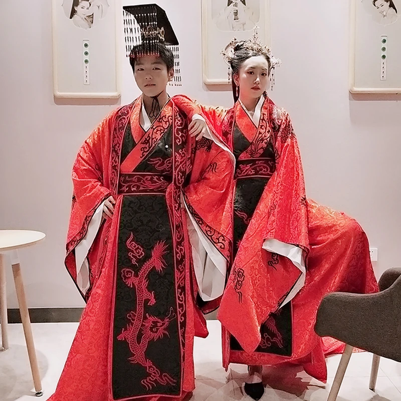 

Ancient Chinese Han Dynasty Black Red Wedding Hanfu Costume Set for Bride and Groom Couple Lovers' Costume Set