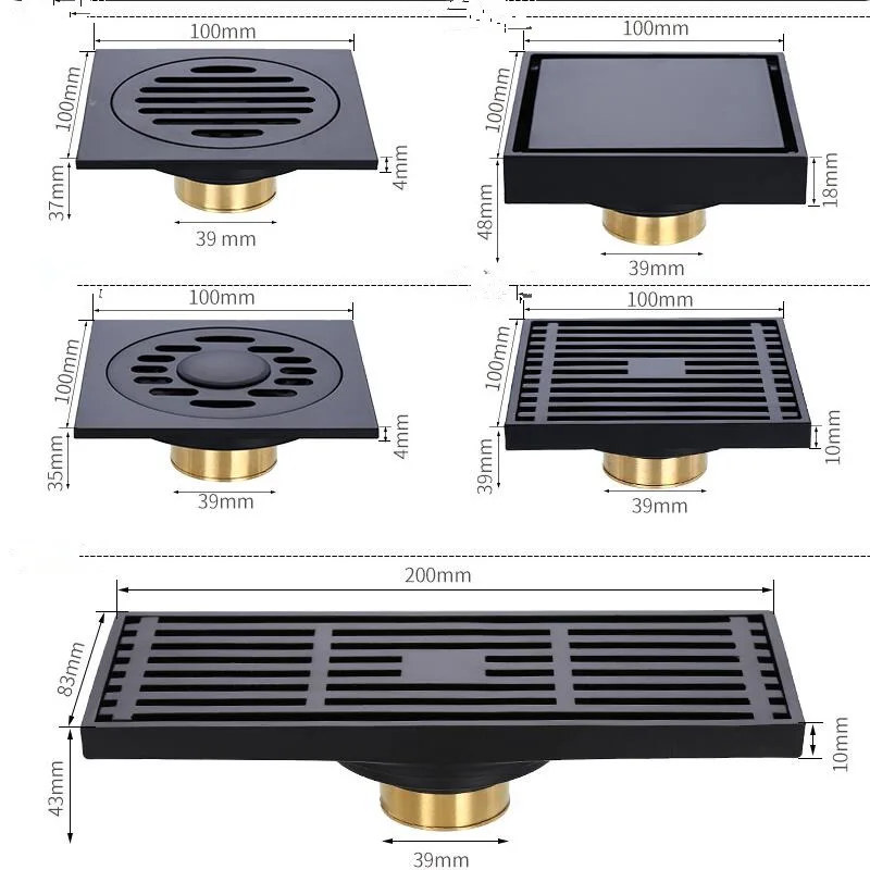 Tuqiu Shower Floor Drains Square Floor Drain Strainer 10*10cm Black Bath Drain 304 Stainless Steel Drainers