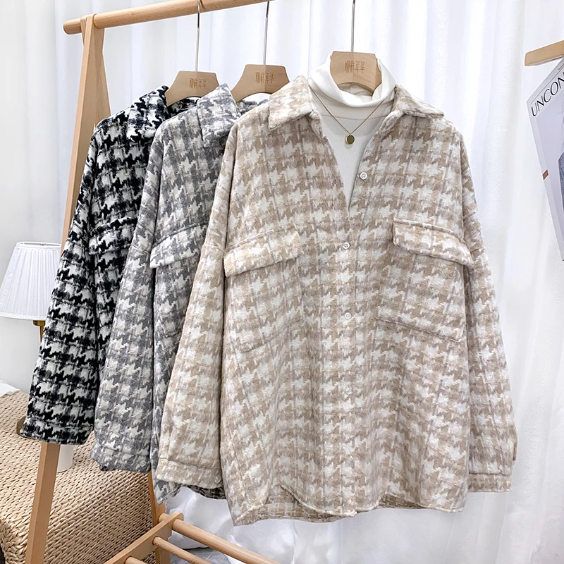 Autumn Winter Thick Warm Plaid Shirt Jacket Women Lapel Long Sleeve Fashion Houndstooth Shirt Coat Loose Womens tops and Blouses