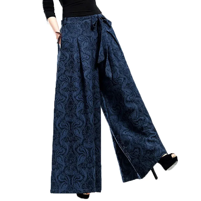 

Spring Autumn 2023 Cotton Linen Women's Jacquard Wide-Leg Pants Elastic Waist Flax High Waist Bandage Female Straight Leg Pants