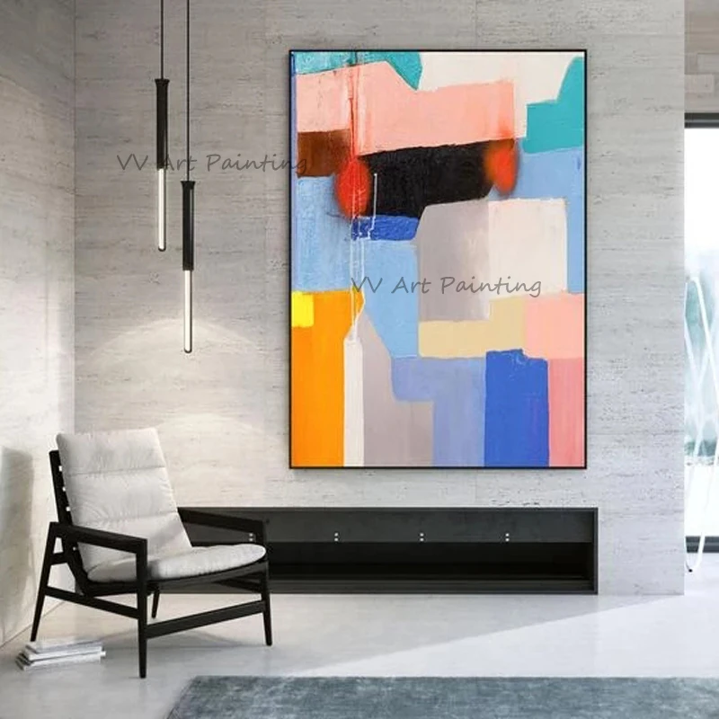 Handmade Bright Multicolor Geometric Canvas Art, Hand Painted Bold Abstract Oil Painting, Mid Century Modern Home Decor