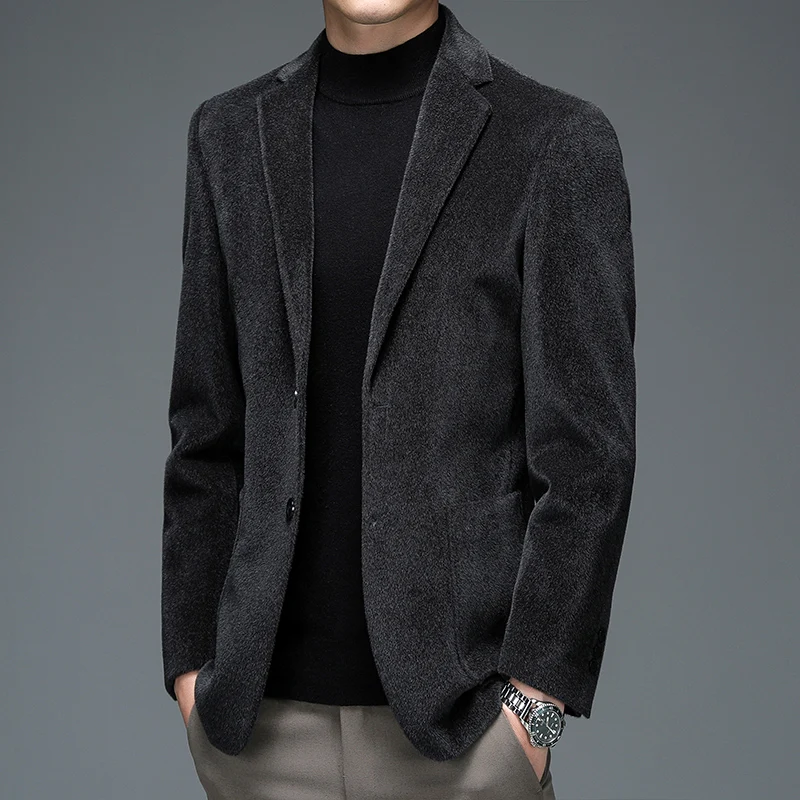 Autumn Winter Men Imitated Mink Wool Blazers Beige Black Smart Casual Suit Jacket Male Notched Collar Straight Business Outfits