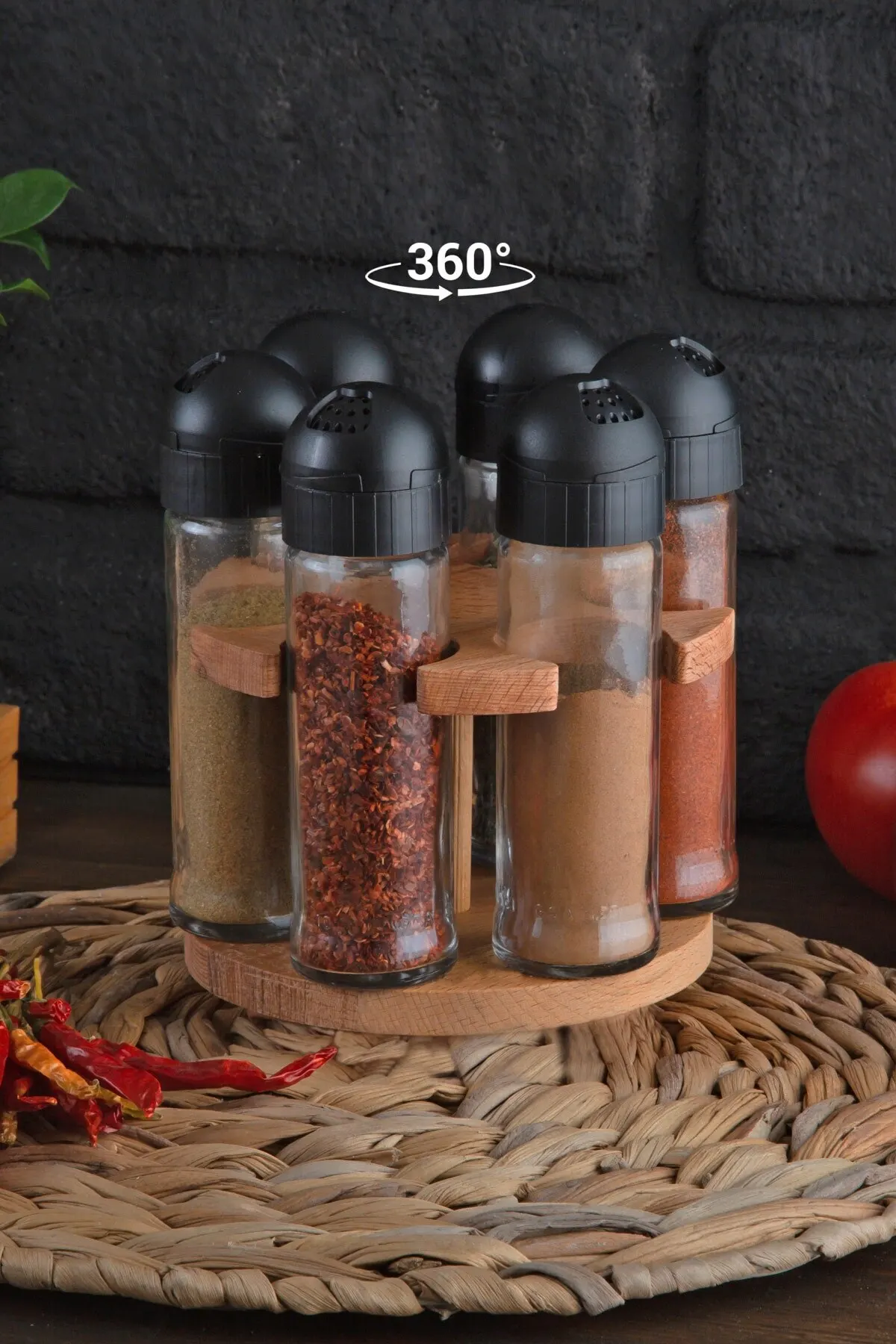 Joy Kitchen Sofia 6-Piece Rotating Spice Set - Black Cover 1 Wooden Stand And 6 Glass Spice /  from Turkey Free Shipping