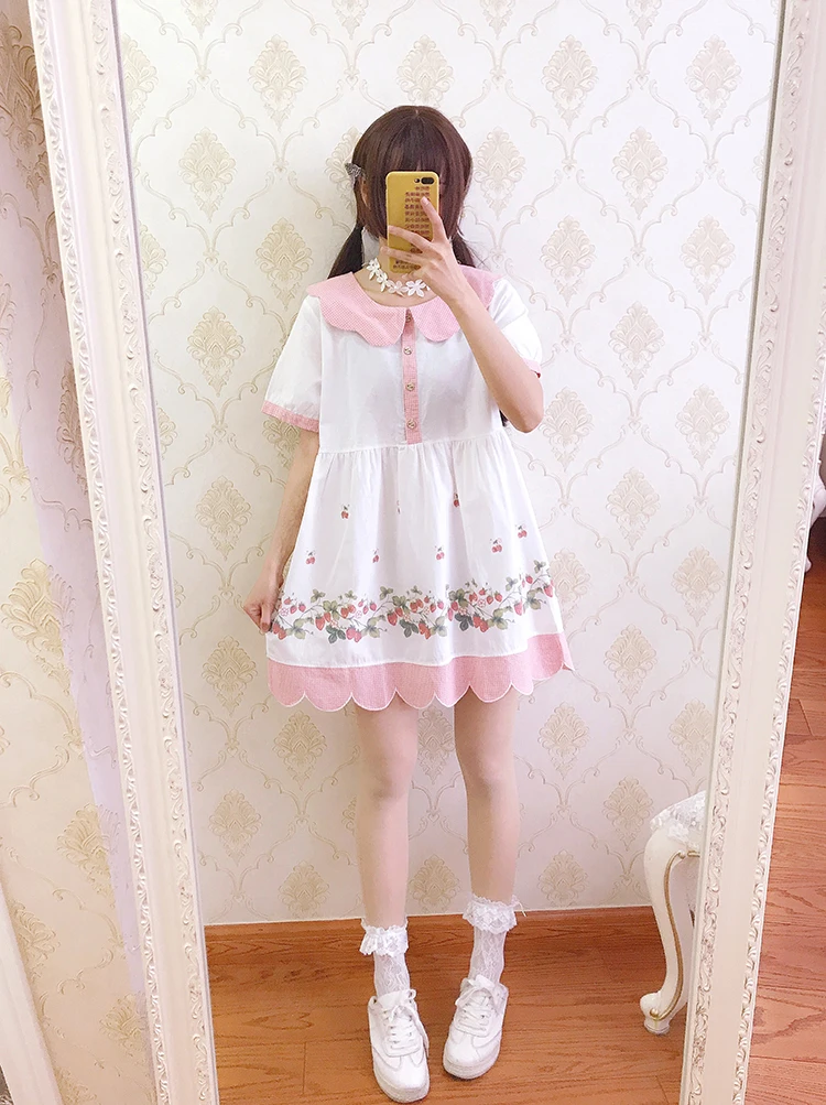 Summer new Japanese soft sister girl sweet strawberry printed doll collar loose short sleeve dress high waist victorian dress