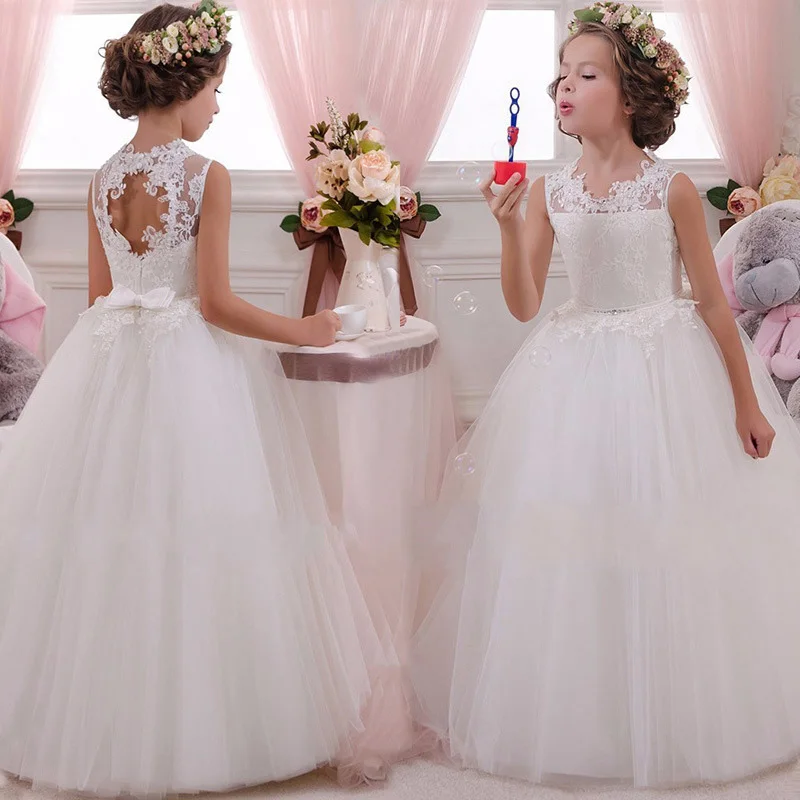 Ceremony Bridesmaid Dress White Flower Kids Evening Dresses For Girl Elegant Party Wedding Children Gown Vestidos 10 14 Years