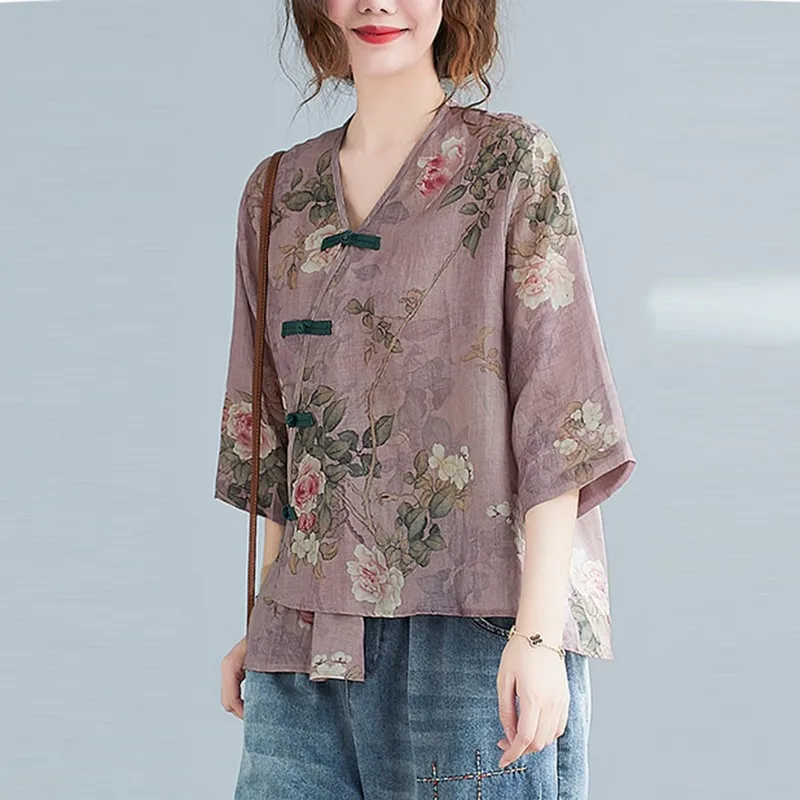 Kemeja Kasual Linen Katun Musim Panas Wanita 2021 Baru Atasan Setengah Lengan Wanita Longgar Print Floral Leher-v Vintage Gaya Cina B304