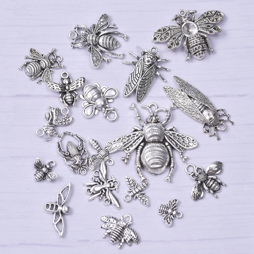 Silver Color Mixed Insect Charms For Jewelry Making Bee Pendant Alloy Cricket Animal Pendant Women Men Accessories DIY Necklace