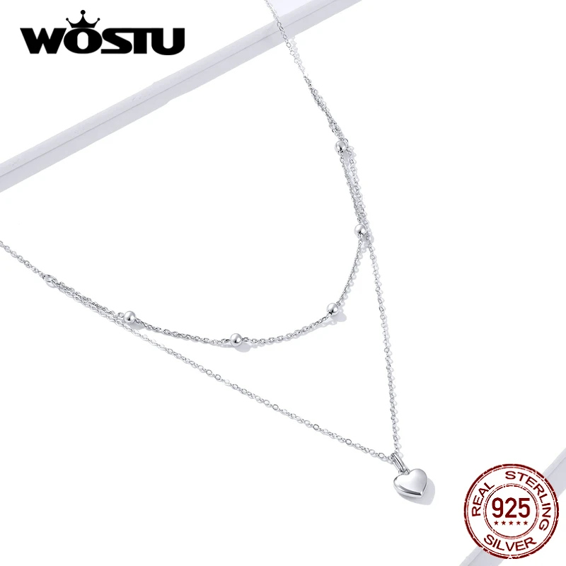 WOSTU Argento Semplice Cuore Collana Collana In Argento 925 Ciondolo Doppio Strato 50 centimetri Lunga Catena di Collegamento Per Le Donne Gioielli